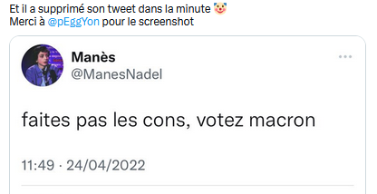 LIBERTA_PARITA's tweet image. Le nouveau #Cohn bandit ? Comme lui, il a d'ailleurs déjà appelé à voter macron le 24/4/2022 (à 14a) même s'il a ôté son tweet à l'instant). On sait comment ça va finir. Ses parents sont démissionnaires ou de vieux soixante huitard ? File au lycée @ManesNadel T en seconde