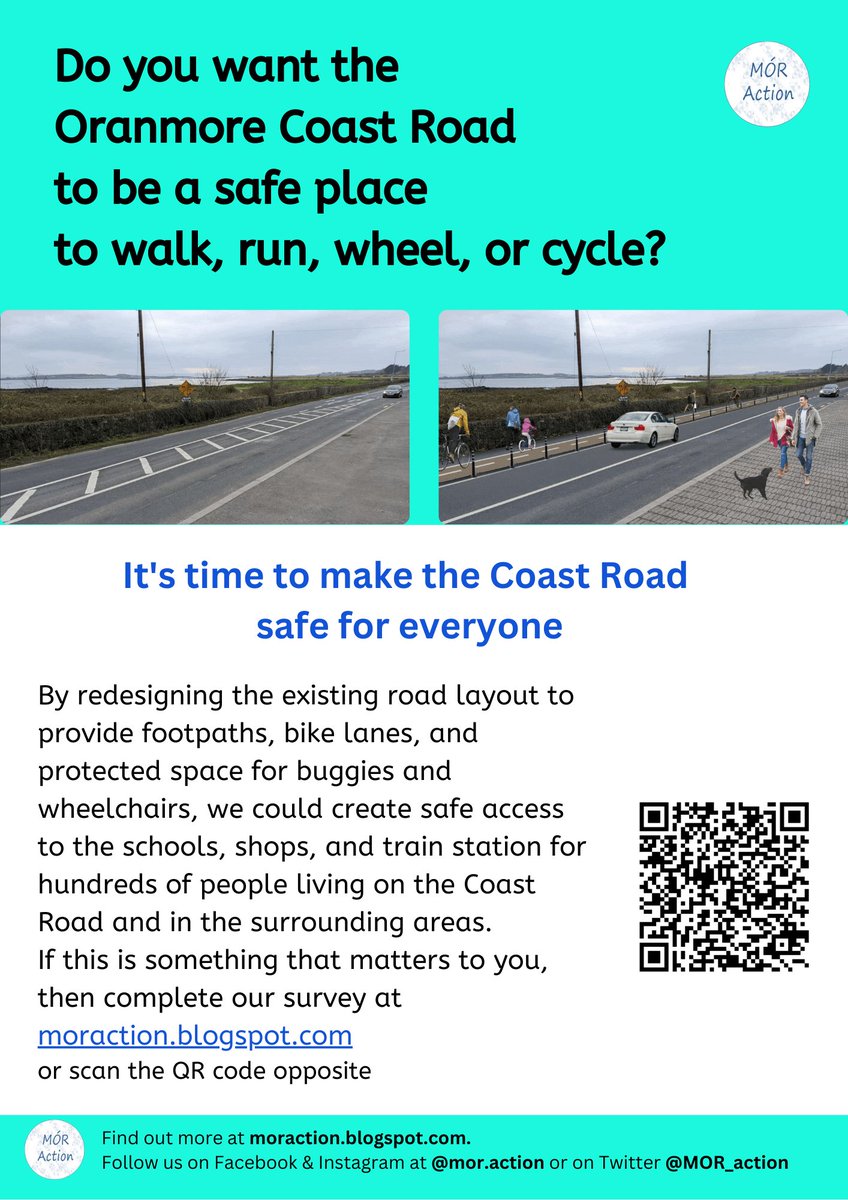 Have you got two minutes to complete our survey? Please go to moraction.blogspot.com and let us know your thoughts about redesigning the Oranmore Coast Road to make it safer for people to walk, run, wheel and cycle there. #Survey #HaveYourSay #RoadSafetyForAll #YourCommunity
