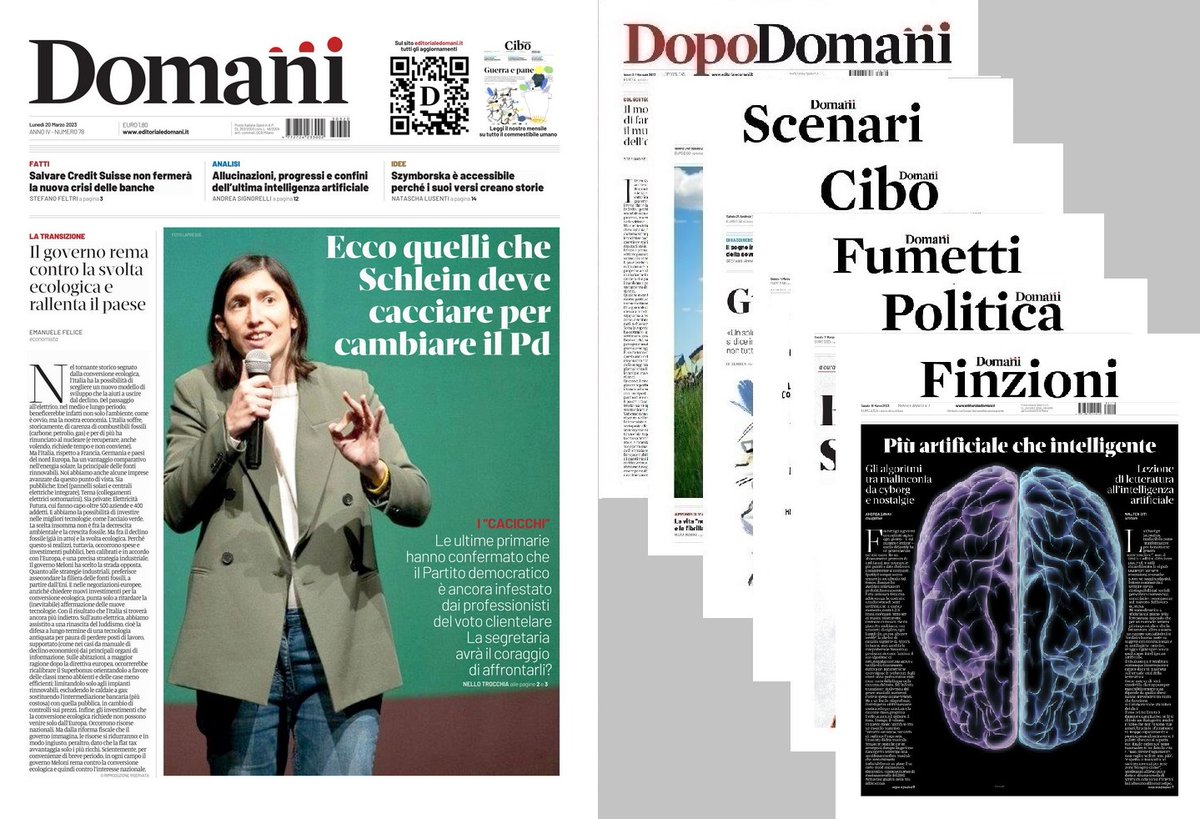 #20marzo buona settimana in prima pagina su @DomaniGiornale: richiami al diretòr, @Signorelli82, #NataschaLusenti, editoriale di @EmanueleFelice2, fotonotizia del lunedì di @NelloTro + supplementi #DopoDomani (doppio), #Scenari, #Cibo, #Fumetti, #Politica e il nuovo #Finzioni