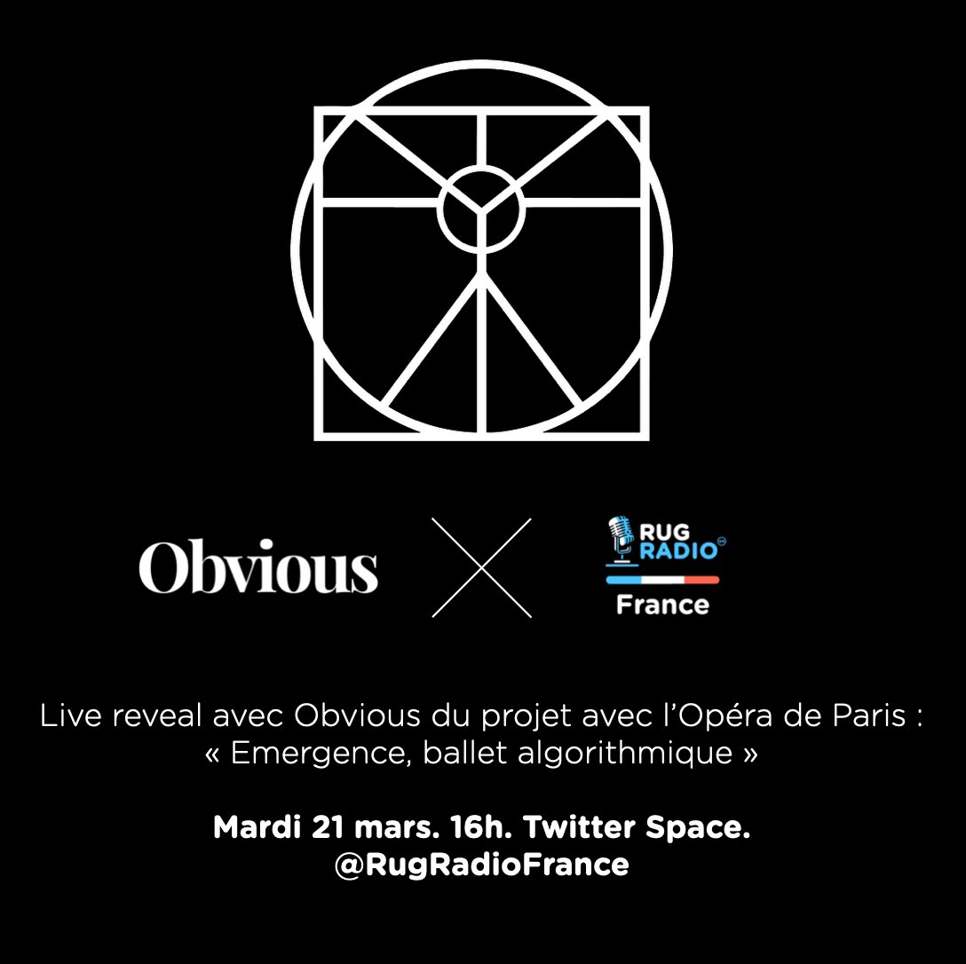 🎉Certains avaient deviné, bravo !

Demain mardi 21 mars à 16h, via Twitter space.

🪄Live reveal avec la présence d'OBVIOUS
de leur dernier projet pour L'Opéra de Paris.
"Emergence, ballet algorithmique"

⚠️Lien d'inscription dans le tweet suivant 👇

<a href="/obv_ious/">Obvious</a> <a href="/operadeparis/">Opéra de Paris</a>