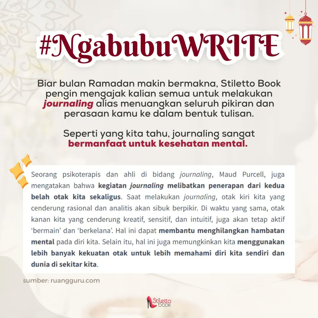 Stiletto_Book's tweet photo. #NgabubuWRITE #NulisBarengStiletto 📝

Supaya bulan Ramadan makin bermakna, Stiletto Book pengin mengajak kalian semua untuk melakukan journaling alias menuangkan seluruh pikiran dan perasaan kamu ke dalam bentuk tulisan.

#nulisbareng #kesehatanmental #psikolog #penerbitbuku https://t.co/aCr4fugfsI
