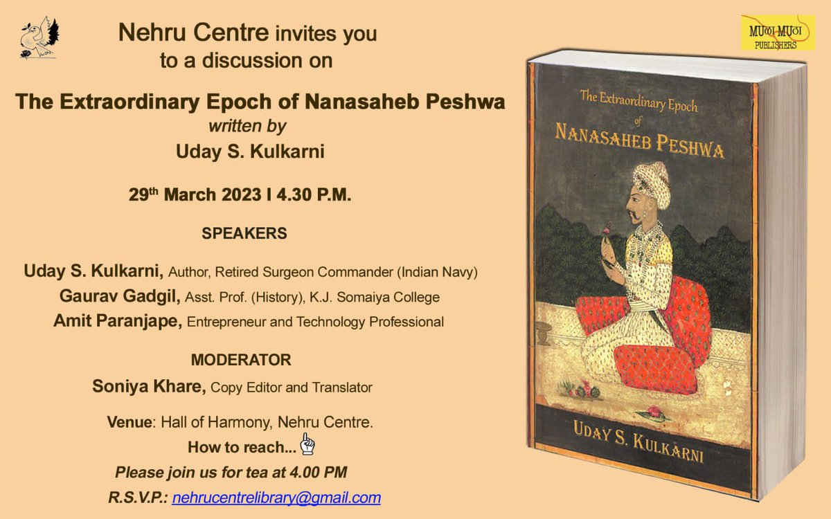 MulaMutha's tweet photo. Coming up book discussion #2 @NehruCentre Mumbai on 29 March at 4.30 pm (tea at 4).

Promises to be an extraordinary discussion on an Extraordinary Epoch on Indian history in the mid 18 thC

With @aparanjape @gsgadgil and Soniya Khare it is not an event you will want to miss. https://t.co/fxcE22pEgZ