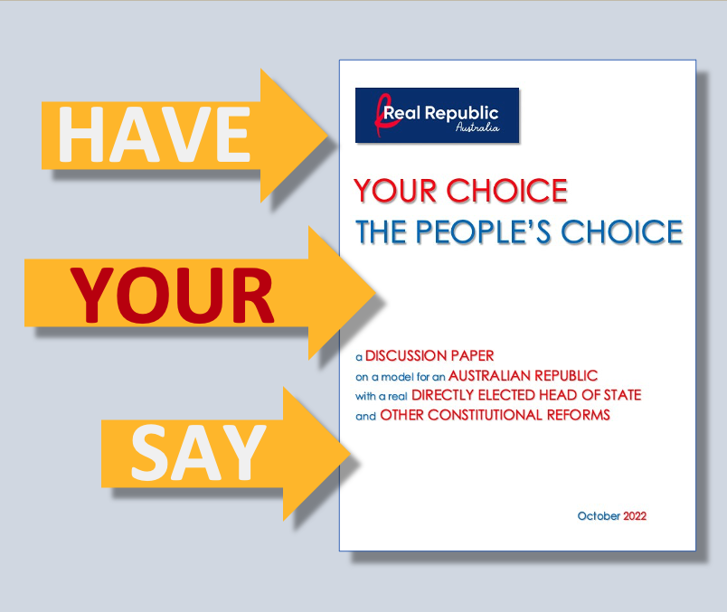 RealRepublicAu's tweet photo. WHAT DO YOU THINK?

Have you read our discussion paper outlining our ideas for a genuine directly elected Head of State in an Australian republic? Take a look and let us know what you think, or send us your ideas.

Our website: https://t.co/HLxL7qeuqR

#AusRepublic #Auspol https://t.co/tNc05FrTCt