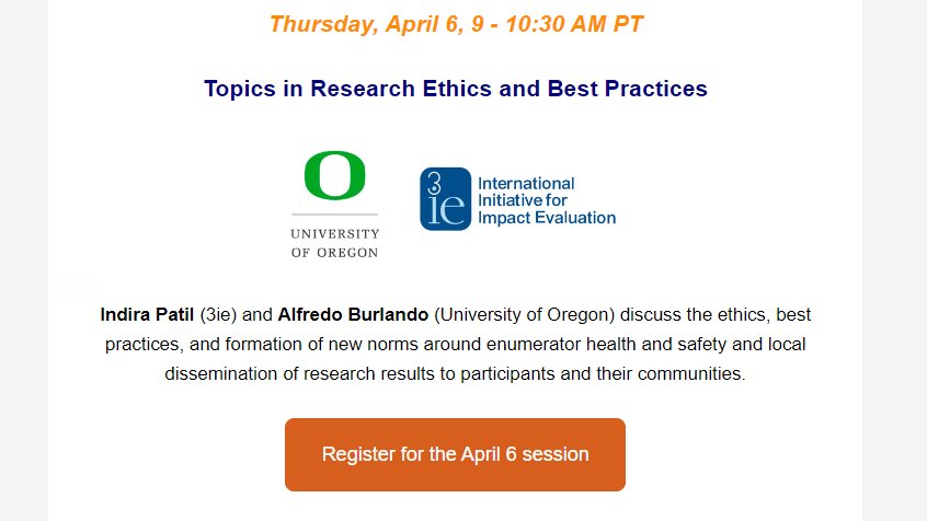 3ieNews's tweet photo. 📌 Join the @UCBITSS Open Research Seminar where 3ie's Indira Patil and @uoregon's Alfredo Burlando will discuss the ethics, best practices, and formation of new norms around enumerator health and safety.
🗓️ 6 April 2023
✍️🏾 Register 👉🏾 https://t.co/F9BcIidbmf https://t.co/1wv5KT8rgO