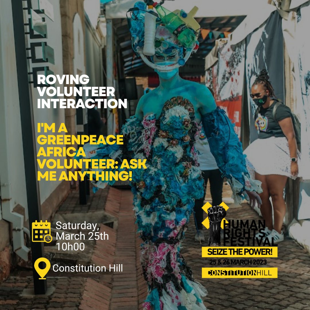 Join us this weekend for the Human Rights Fest! Book your FREE tickets: eventbrite.co.uk/e/574151060277 &amp; meet Greenpeace Africa volunteers who will walk around the grounds with boards that say:  "I am a Greenpeace Africa activist. Ask me anything!" This will be an opportunity...