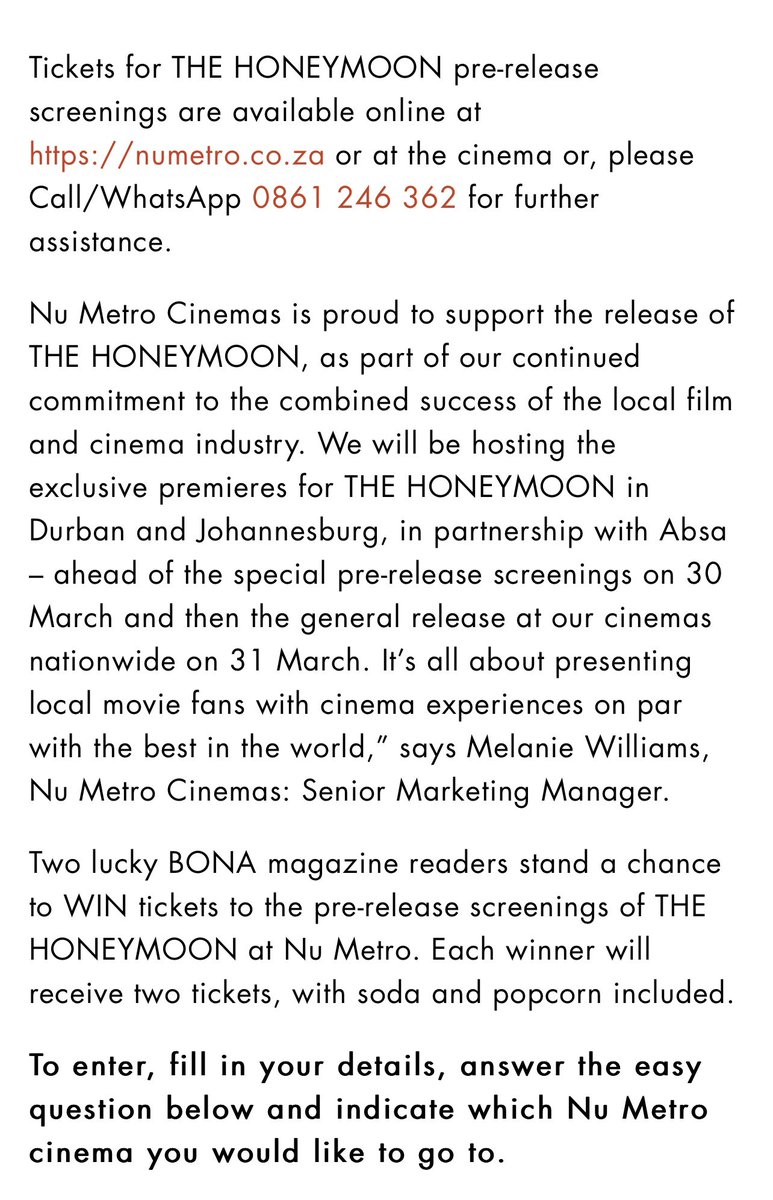 MovieHoneymoon's tweet photo. STAND A CHANCE TO WIN WITH Bona Magazine and Nu Metro🚨🚨Grab your besties and take a girls trip to Nu MetroCinemas nationwide and be the first to watch #honeymoonmovie 

 To enter !!! 
Visit Bona Magazine website. Link below ⬇️ 

https://t.co/ZE11f7UBbG https://t.co/A59xuNdFDD
