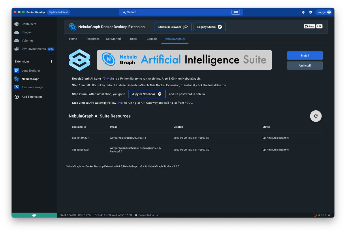 wey_gu's tweet image. #NebulaGraph #Docker Extension 0.4.5 released!🎉

Now the AI Suite(we renamed ngdi to ng_ai now) is included.