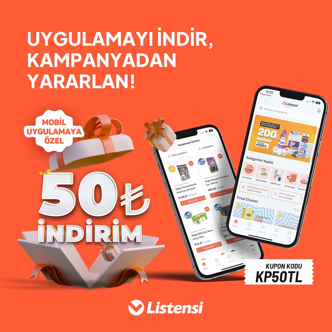 Listensicom's tweet photo. Mobil uygulamadan yapacağınız  500 TL ve üzeri alışverişlerde 50TL anında cebinizde. #app #listensi https://t.co/ArG8LAG1J0
