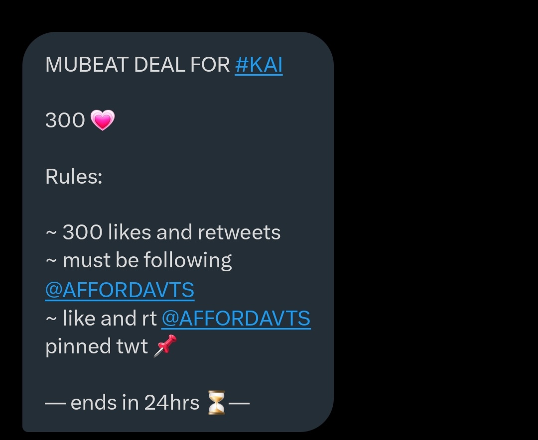 best_chapter_'s tweet photo. ATTENTION EXOLS‼️‼️‼️
Lets Complete this deal for our nink bear #KAI_Rover #EXO @weareoneEXO
MUBEAT DEAL FOR #KAI

300 💗 

Rules:

~ 300 likes and retweets
~ must be following @AFFORDAVTS
~ like and rt @AFFORDAVTS  pinned twt 📌

— ends in 24hrs ⏳— https://t.co/TH9plUHyF3