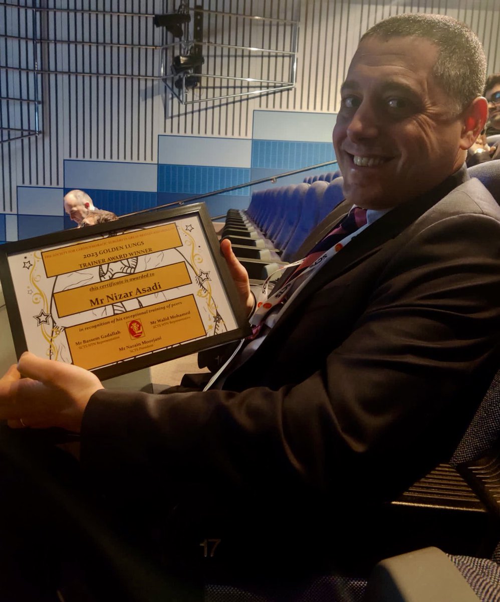 Honored and humbled to win the Golden Lung Trainer Award for the best trainer in thoracic surgery in UK <a href="/SCTSUK/">SCTS UK</a> Wow what a great recognition… Thank you to all my trainees who understand my dedication to training and education #scts2023 #surgery #Thoracic #Training