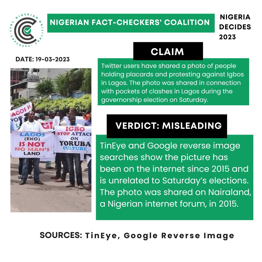 thefactcheckhub's tweet photo. CLAIM: Twitter users have shared a photo of people holding placards and protesting against Igbos in Lagos.
VERDICT: MISLEADING
SOURCES: Nairaland, TinEye, Google Reverse Image
#NigeriaDecides2023 #NGFactCheckers #NigeriaElections2023 #FactCheckhub https://t.co/6zL8twNHbH