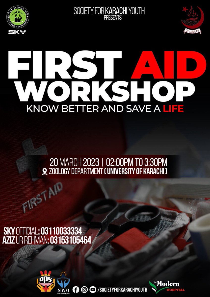 sky_karachi's tweet photo. Society for Karachi Youth is going to conduct a workshop with the collaboration of Karachi University Department of Zoology regarding topic of 'First Aid' on 20 March 2023. All you are invited to be a part of this great motive.
#societyforkarachiyouth
#firstaidtraining
#workshop https://t.co/yTQapz5y1E