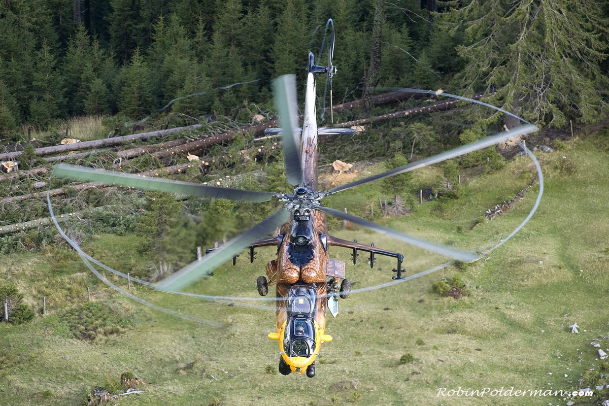 RobinPolderman's tweet photo. A #mi24 Hind in its natural habitat! This Hungarian example was withdrawn some time ago and now resides in the excellent Szolnok museum. The helicopter is seen practicing a landing in a confined space during a training mission in the Slovenian mountains. #Aviation https://t.co/Rffh88Bjwc
