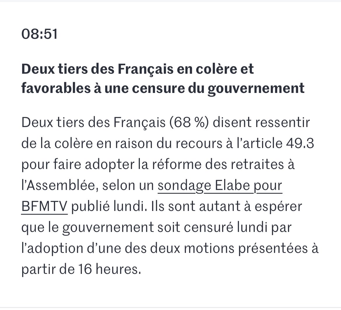 Nous sommes dans un moment historique. J’en appelle à la responsabilité des députés #LR : si l’avis de 70% de la population ne trouvait pas de traduction dans l’Hémicycle, une importante crise institutionnelle s’ouvrirait.
#MotionDeCensureTransPartisane #ReformeDesRetraites