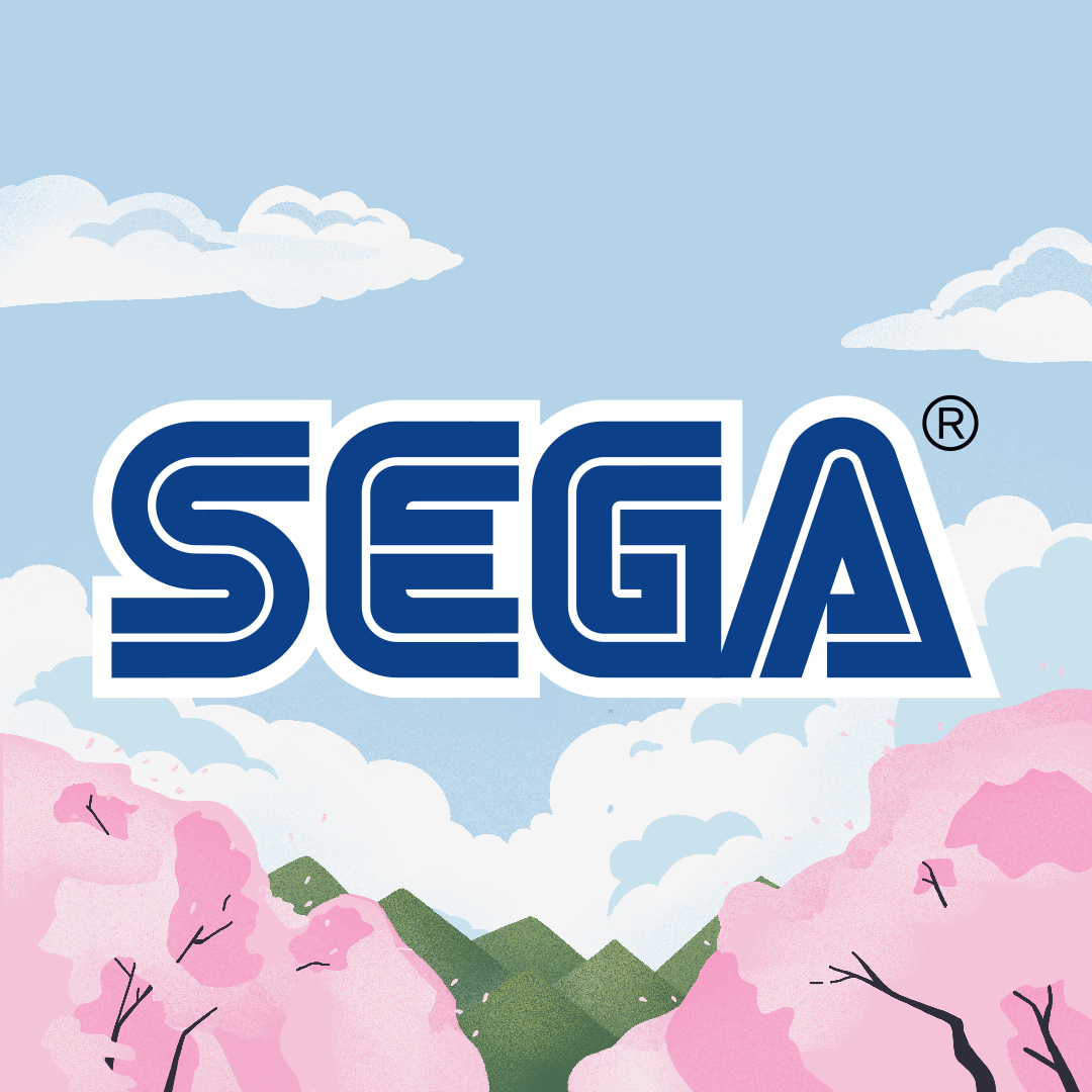The SEGA logo against an illustrated blue sky background, with some beautiful mountains and cherry blossoms 
