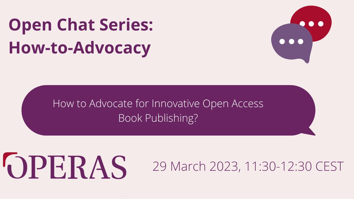 OPERASEU's tweet photo. Just a little bit more than one week left for the new Open Chat series: How-to-Advocacy session!  Let's hear and chat with guest speaker Lucy Barnes from the Open Access Books Network. 

More info and registration: https://t.co/scPqtf0pO4

#Advocacy #OpenAccessBooks https://t.co/FAZQ9H31WR