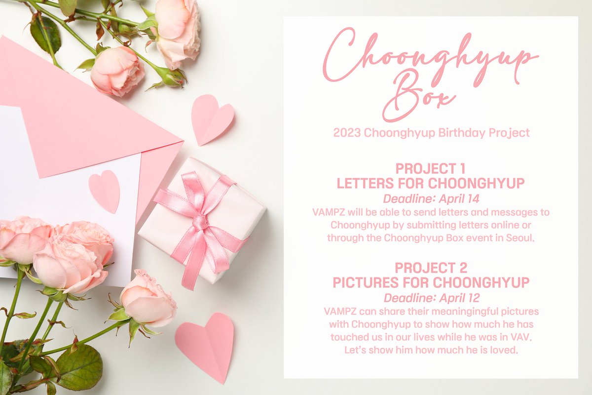 MyLovelyBaron's tweet photo. 🌸 봄편지 : Spring Letter 🌸
by. International VAMPZ

🩷 Choonghyup Box 🩷
Choonghyup is planned to receive all of the letters and gifts himself, so I hope that many VAMPZ will participate!

💜 Letters 💜
https://t.co/dQ7qXDiBlG

🩵 Pictures for CCH 🩵
https://t.co/vj54yq2D1U https://t.co/CFVNDt34sL