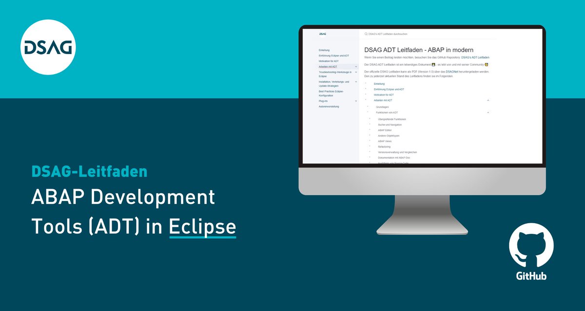 𝗢𝗨𝗧 𝗡𝗢𝗪: #DSAG-Leitfaden "#ABAP Development Tools (#ADT) in #Eclipse" - Der #DSAGArbeitskreis #Development präsentiert 220 Seiten Wissen, Erfahrungen und Best Practices 📃
Zum Leitfaden auf GitHub: 1dsag.github.io/ADT-Leitfaden/