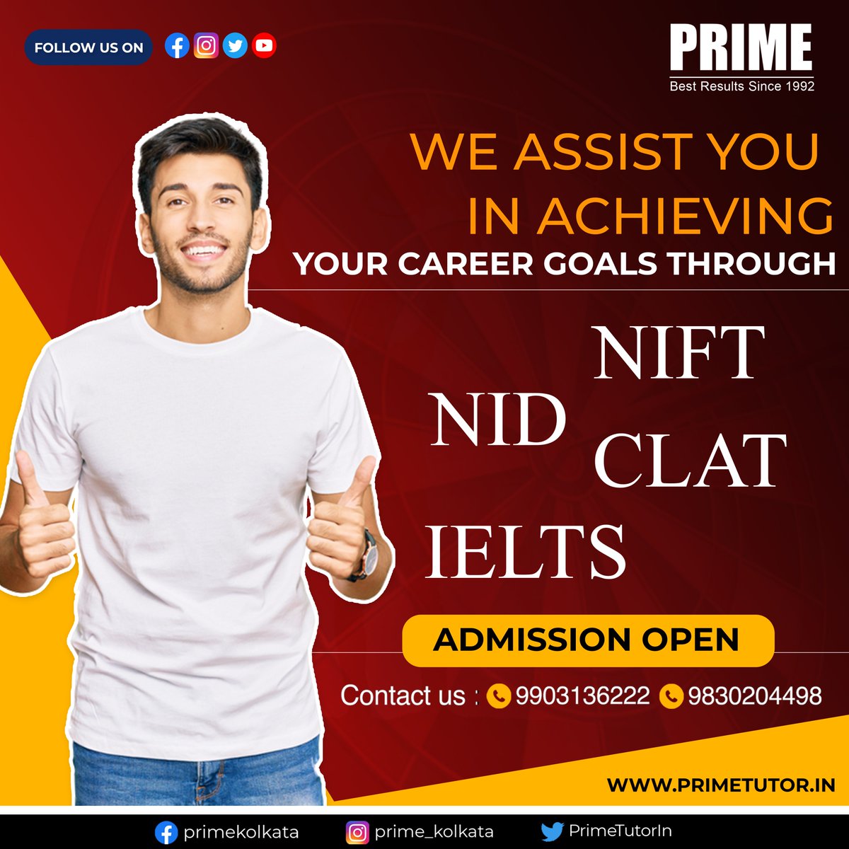 PrimeTutorIn's tweet photo. Reach the peak of success with PRIME

Get prepared for the entrance exams such as NIFT, NID CLAT, IELTS, etc. under our guidance

Hurry up, few seats left, book yours now!

Contact now@ +91 99031 36222/98302 04498

#careers #careergoals #Prime #entranceexam #clat #nift #nid #clat https://t.co/fQ9jFRY9H3