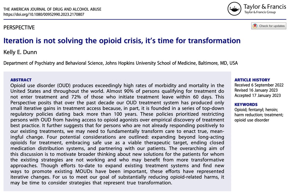 Perspective: Iteration is not solving the opioid crisis, it’s time for transformation

@DrKellyDunn, @HopkinsPsych/@HopkinsMedicine

→ doi.org/10.1080/009529…

#Fentanyl #Heroin #HarmReduction #Treatment #OpioidUseDisorder #OpioidCrisis #Opioids #SubstanceUseDisorders #Addiction