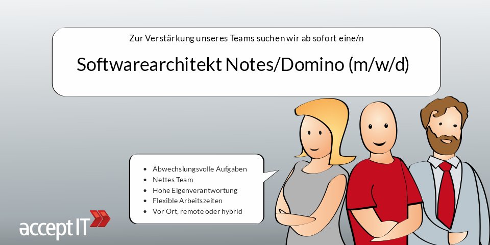 acceptIT_GmbH's tweet photo. Softwarearchitekt Notes/Domino (m/w/d) gesucht. Jetzt bewerben beim HCL Software Gold Reseller acceptIT in #Paderborn. Nettes Team, tolle Kunden, interessante Aufgaben. https://t.co/TLEBmdo0Ai
#Stellenangebot #Softwarearchitekt #Job #Dominoforever #Paderborn https://t.co/XT9BMBGDX5