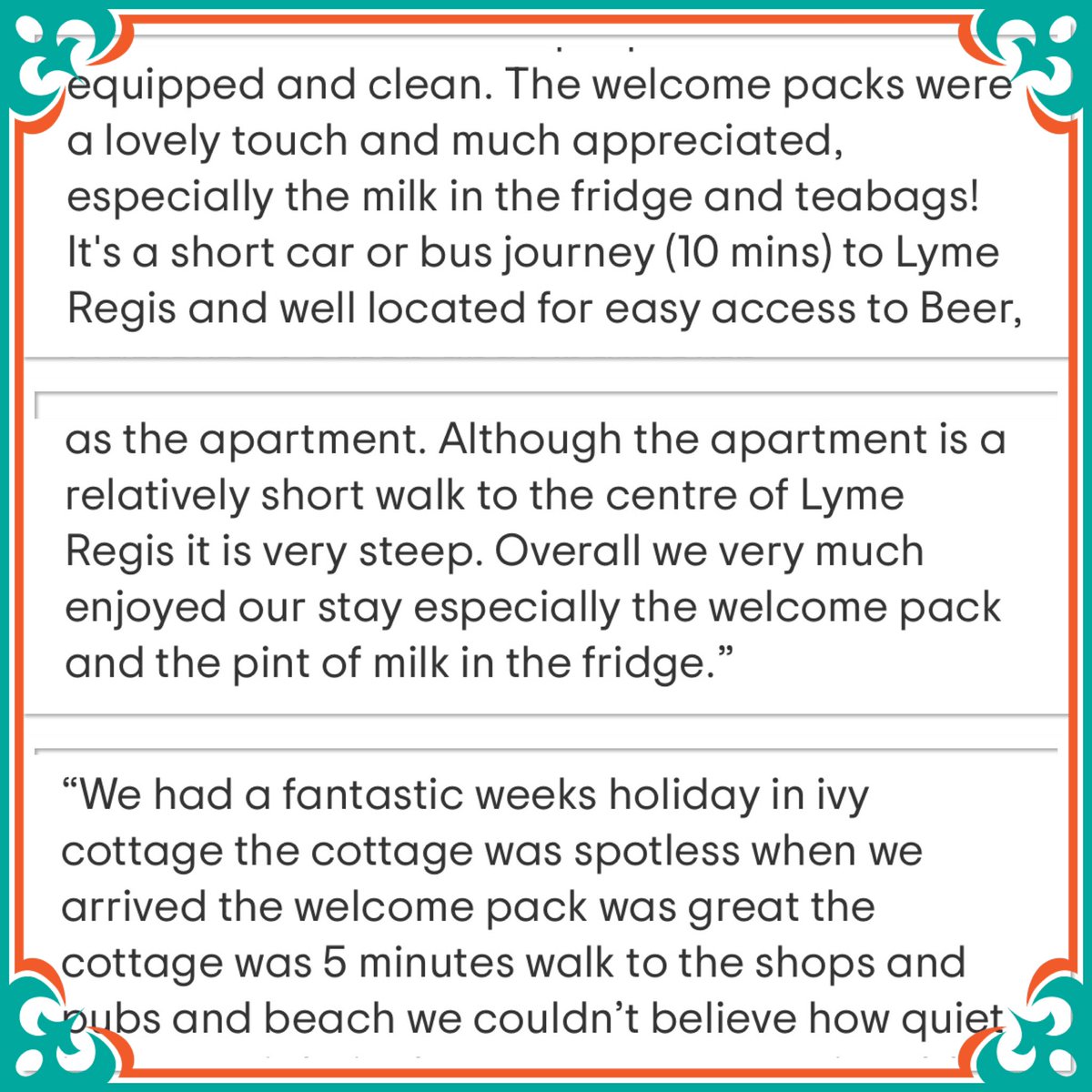 Receiving some lovely #Feedback recently which we are delighted with ❤️❤️ #Review #staycation #holiday #Devon #DORSET #lymeregis #holidays