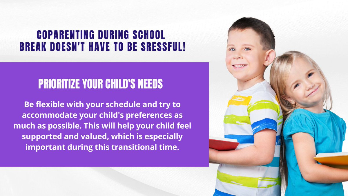 EsqFero's tweet photo. #Coparenting during #schoolbreak can be a challenge, but being #flexible with your schedule can make all the difference. Listen to your child's preferences and make accommodations whenever possible to show them they're valued and supported.
#coparentinggoals #springbreak2023 https://t.co/UzA5aXR4RA