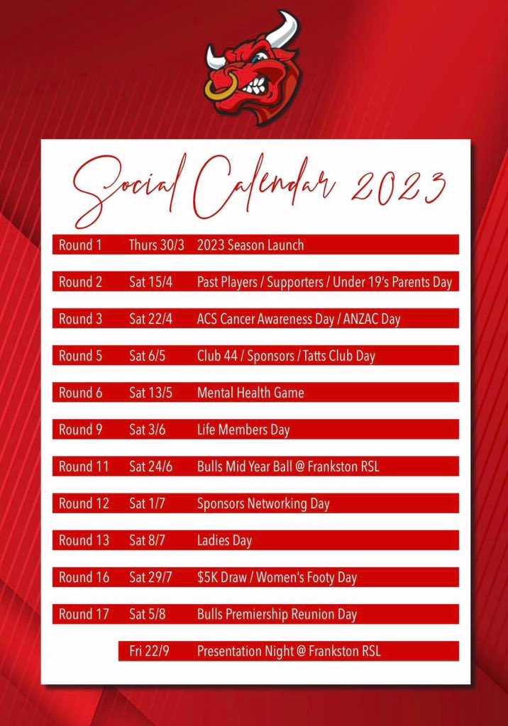 karingalfc's tweet photo. β¨ 2023 SOCIAL CALENDARβ¨
Get your calendars out and pencil in dates for the upcoming season! We look forward to seeing our @karingalfc community throughout 2023 β€οΈπ€
#Bulls #socials #redvee https://t.co/Pj24aNsBpM
