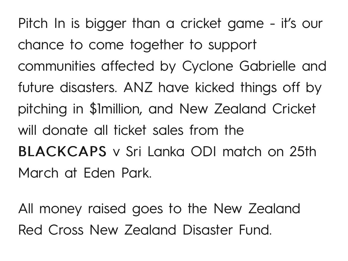 Just purchased our <a href="/BLACKCAPS/">BLACKCAPS</a> tickets for the Cyclone Fundraiser at <a href="/edenparknz/">Eden Park, Auckland</a> this Saturday. All ticket sales go to <a href="/NZRedCross/">Rīpeka Whero Aotearoa | New Zealand Red Cross</a> 🙌🏻

(We can’t actually attend, but will be there in spirit)

Support this amazing cause if you can 🏏 #NZvSL 

tickets.nzc.nz/shows/show.asp…