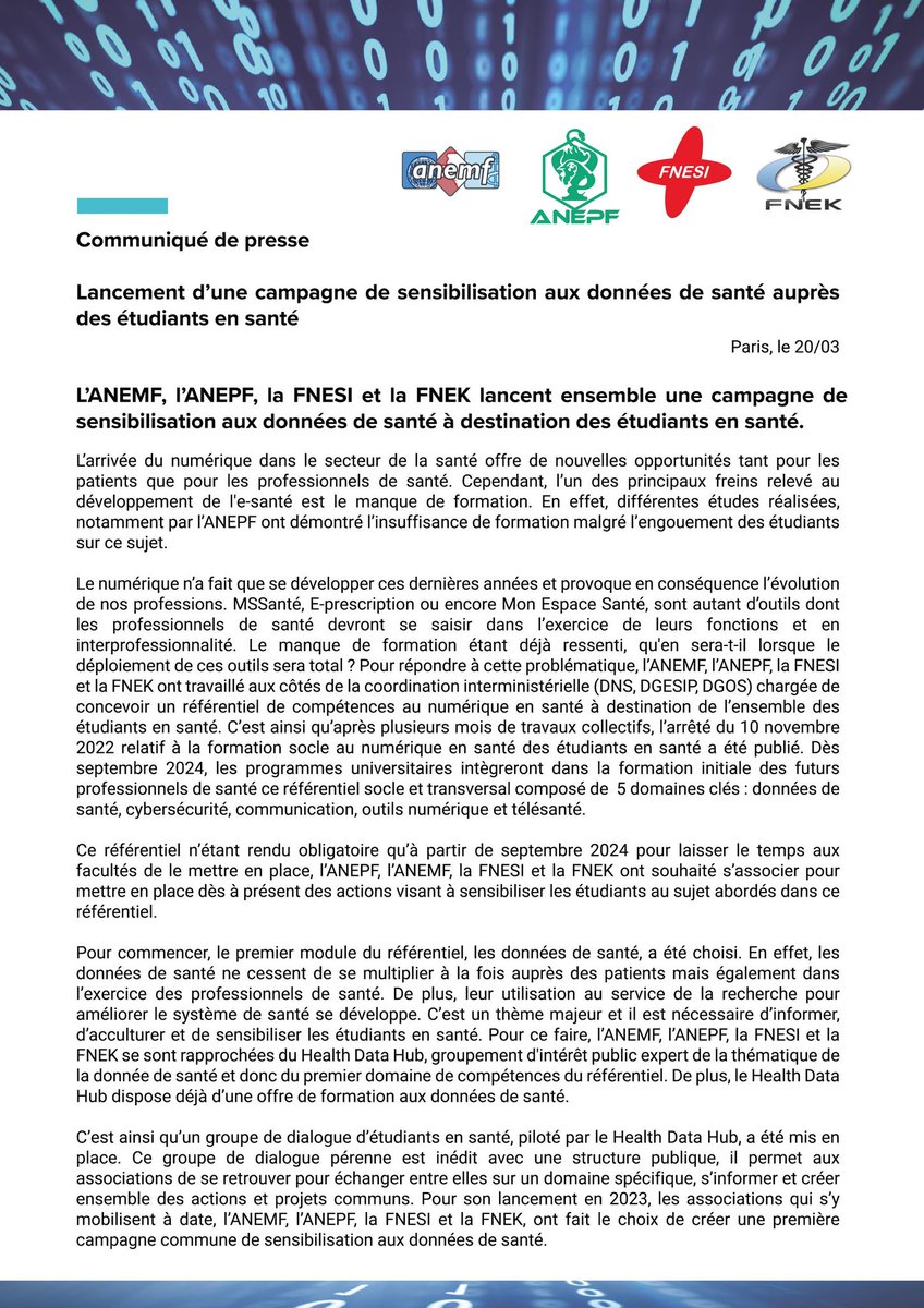 #CDP | Lancement d’une campagne de sensibilisation aux données de santé auprès des étudiants en santé ! 

L’ANEMF, la FNEK, la FNESI et l’ANEPF lancent un groupe de discussions #GDES avec le <a href="/HealthDataHub/">Health Data Hub</a> 

Pour suivre cette campagne, rendez-vous sur nos réseaux sociaux 📲