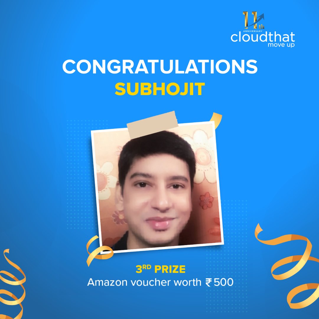 Congratulations🥳 @HumourLostSense (4/4) 

#contestwinners #winners #india #cloudcertification #takepart #Bangalore #India #CloudSuccess #CloudJourney #CloudInnovation #CloudAdoption #CloudStrategy #TeamDiversity #fun #companyday #bigday #11thAnniversary #TriviaContest