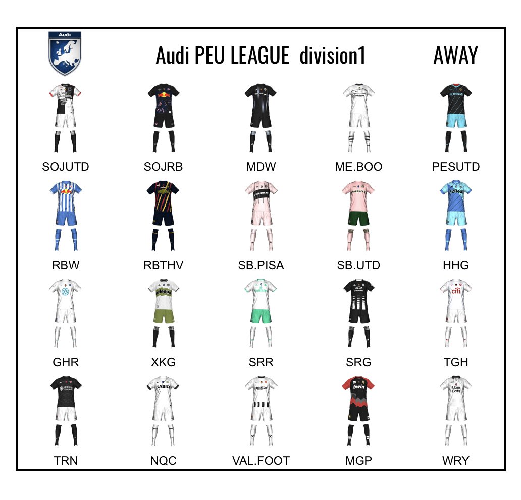PEUleague's tweet photo. Audi PEU league(1部)全チームユニホームが発表されました。
あなたのお気に入りユニホーム等教えて下さい！
26-27もお楽しみに！
今後、E2V PDⅡ leagueのユニホームも発表していこうと思っております。
#PEU26 https://t.co/lpAuRpSZHm