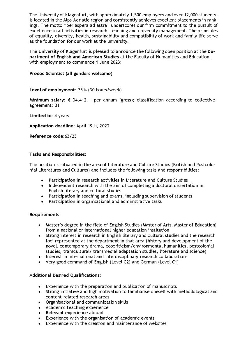 Call for applications - Predoc in English and American Studies at Klagenfurt University
⏰Deadline: April 19, 2023