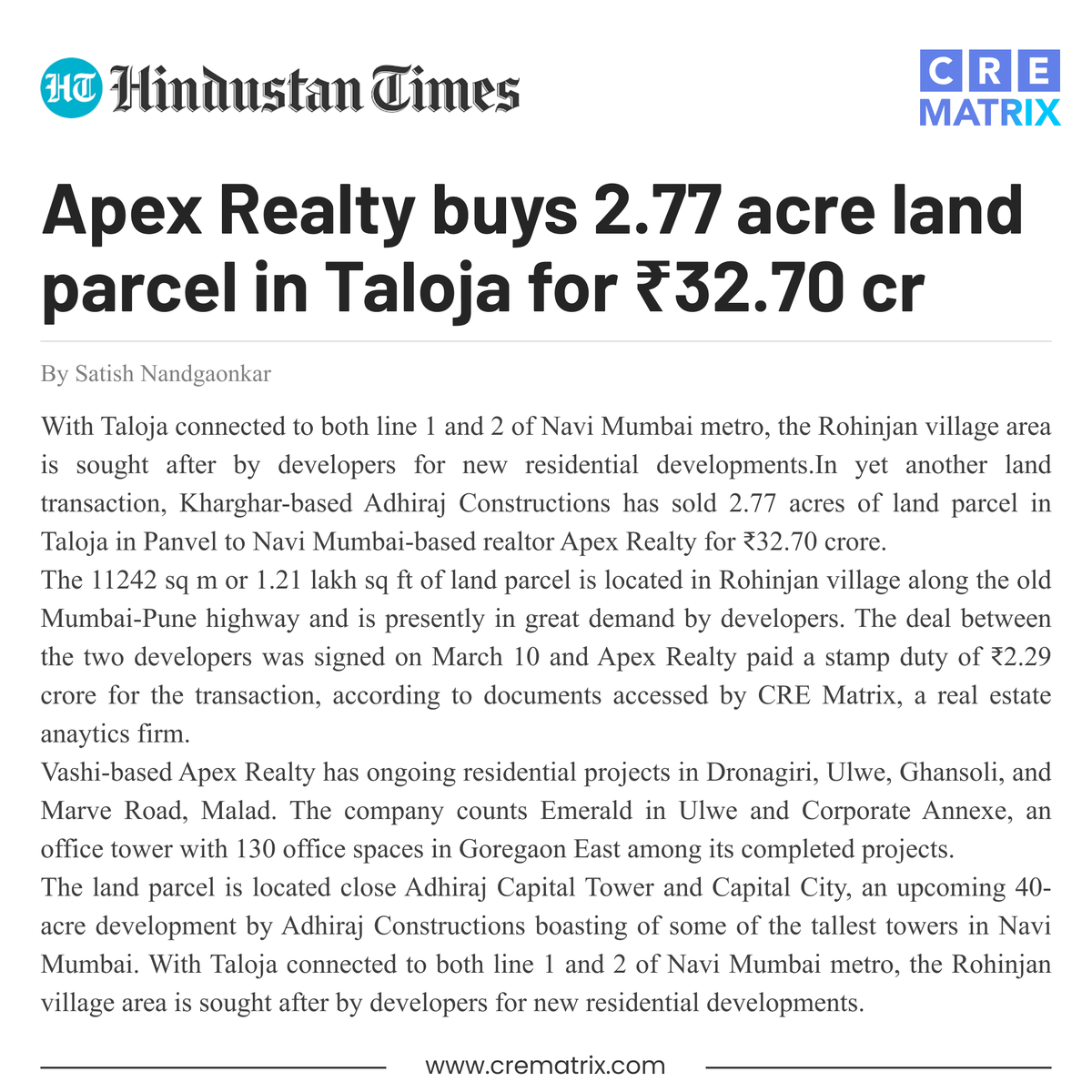 CreMatrix's tweet photo. According to documents accessed by CRE Matrix, Kharghar-based @AdhirajConst has sold 2.77 acres of land parcel in Taloja in Panvel to Navi Mumbai-based realtor Apex Realty for a whopping 32.70 Crore INR.
#CREMatrix #AdhirajConstructions #ApexRealty #Taloja #Panvel https://t.co/6ZmhSpxQ19