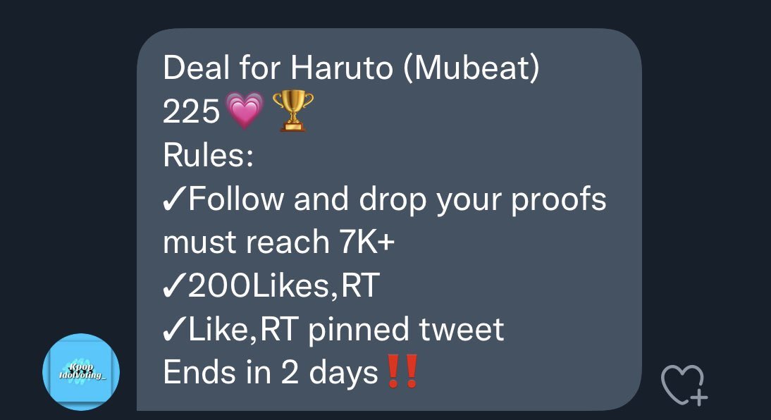 harik_dmh's tweet photo. MUBEAT DEAL FOR #HARUTO (225 hbs)
• 200 likes & rt
• follow @Kpopidolvoting_ (must reach 7k)
• like & rt TWEET QRTED BELOW
• DROP PROOFS
— ends tmrw, pls help !!
ALL FOR HARUTO #HARUTODEALS
#하루토 @treasuremembers https://t.co/KwGc4nR7Et