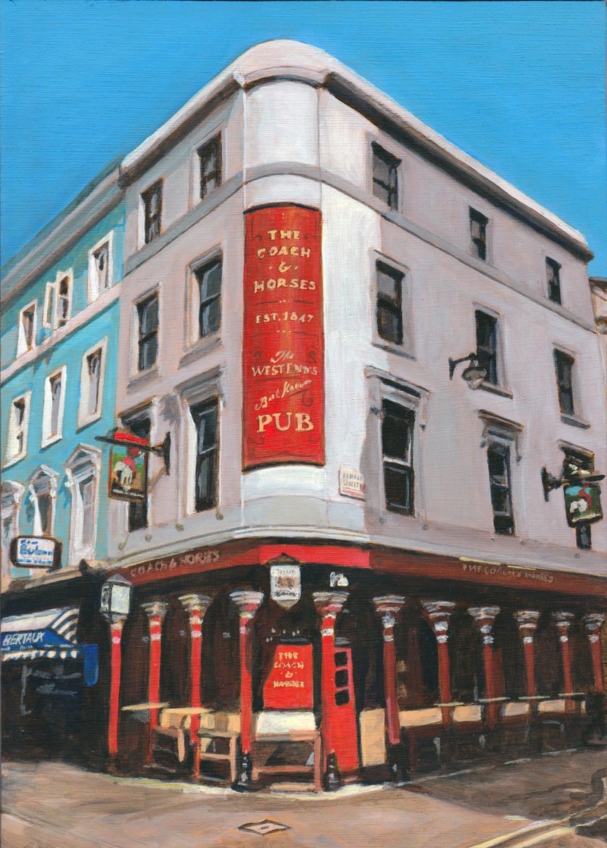 This week’s theme is pubs. 
The Coach and Horses, Greek Street, Soho (2022). 
Acrylic on wood. 
#londonpub