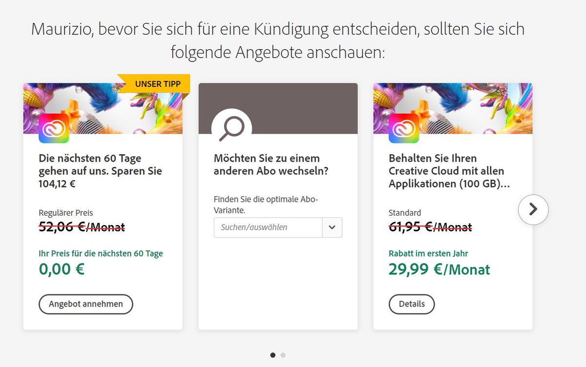 mpoxDE's tweet photo. Gestern gelesen, dass man sein Adobe CC Abo mit der Begründung "Zu teuer" kündigen kann, um dann garantiert ein Angebot für das selbe Abo zur Hälfte des Preises zu erhalten. Waren 3 Klicks, funktioniert problemlos, spart mal eben ca. 350€ im Jahr. Top. Gerne wieder. https://t.co/DV0jWcFYqA