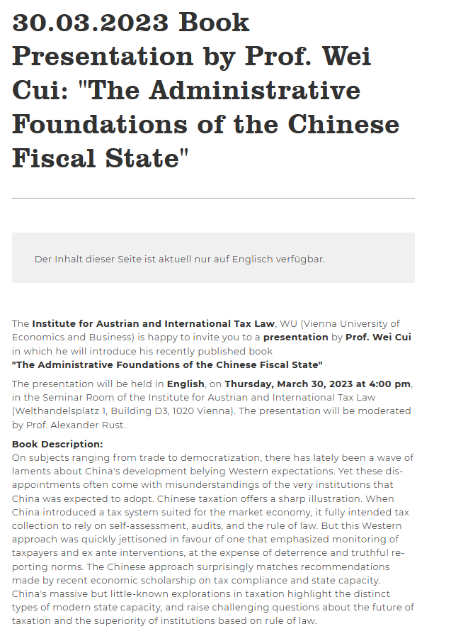 lingli_vienna's tweet photo. A rare opportunity for people in Vienna who are interested in the PRC law and politics. 

Book talk by Prof. Cui Wei @WeiCui12848265 from Uni. of British Columbia Law School

March 30, Thur.
4:00 pm
Welthandelsplatz 1, Building D3, 1020 Vienna

Registration link ⬇️ https://t.co/oNifOlewtj