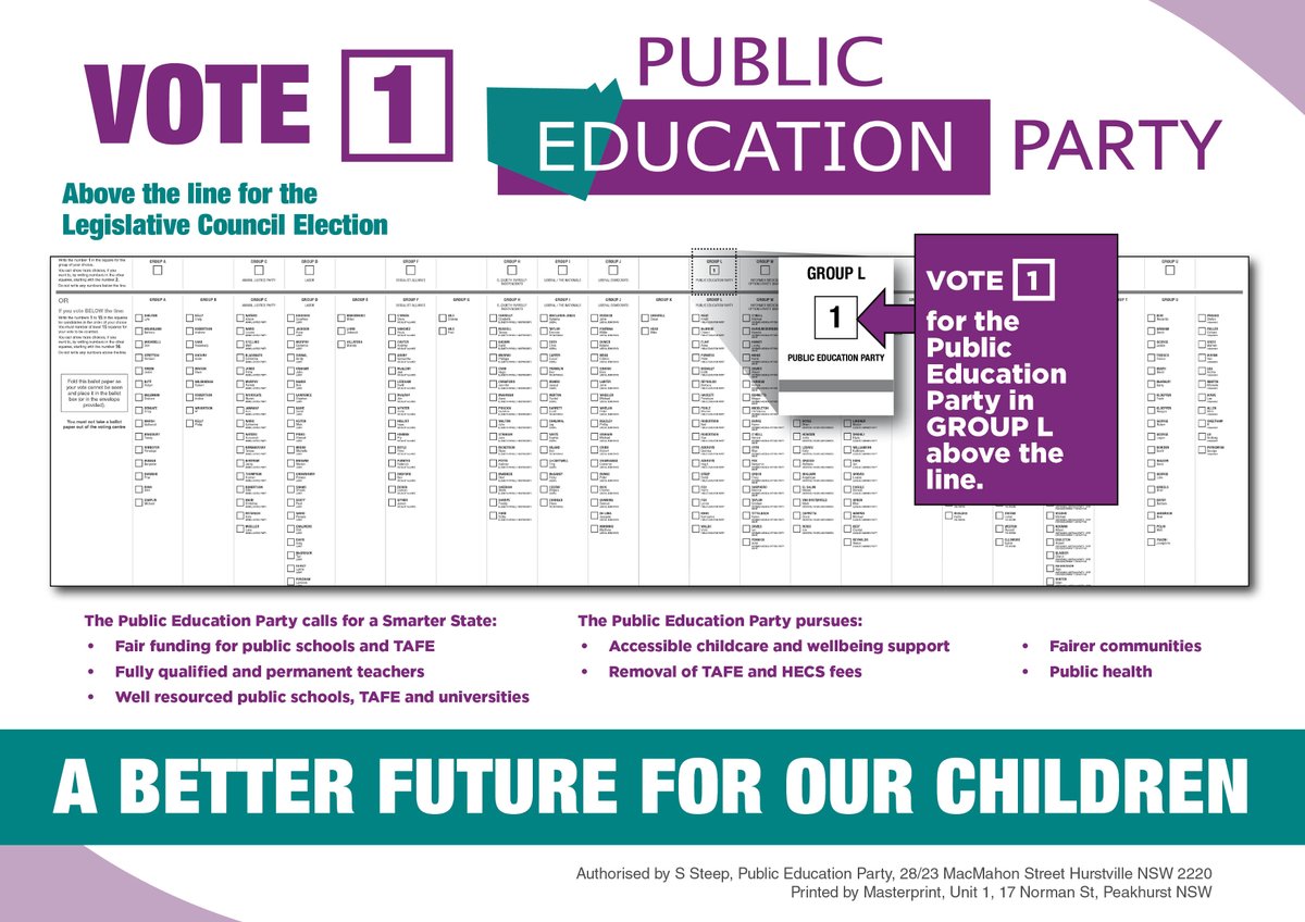 A better future for our children - vote 1 for the #PublicEducation Party.  Download and access our how-to-vote guides:
publiceducationparty.org.au/our_candidates
#NSWVotes #NSWElection