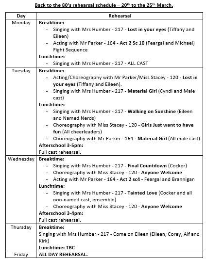 CaldicotDrama's tweet photo. It is our last full week of rehearsals this week. A big rehearsal schedule in our last week leading up to the show, please check this carefully and make sure that you know where you need to be! 🎤🎭 @CaldicotMusic @Caldicot_Sch https://t.co/J0niL0fpcK