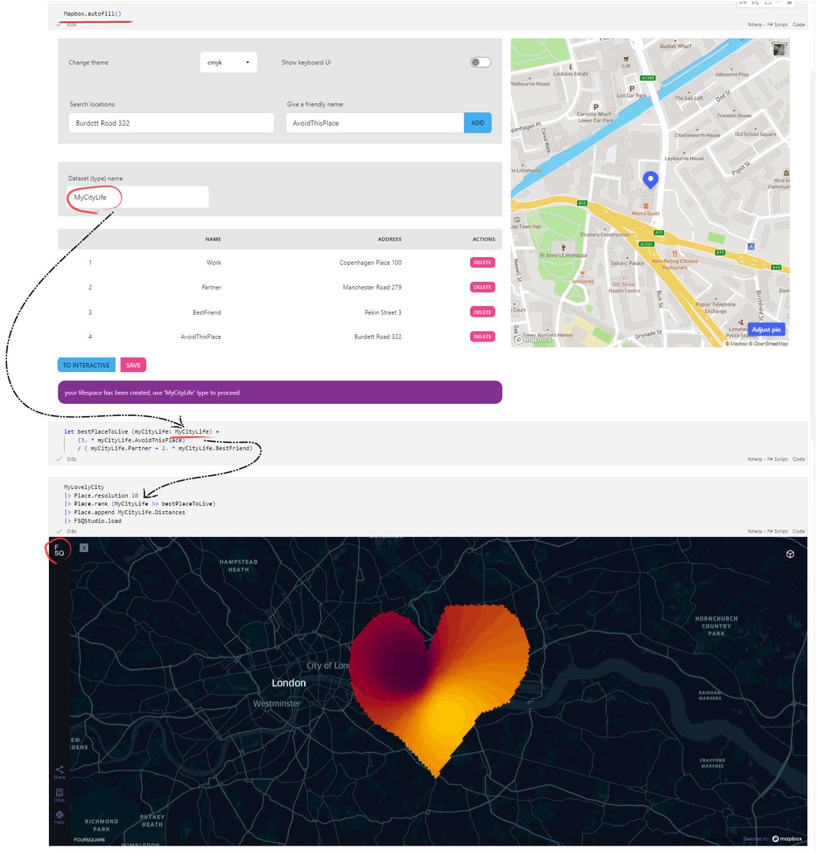 florence_dev's tweet image. The notebook's superpower lies in ability to create data visually with a tool it shines (@reactjs), 
trigger creating types behind the scenes with interactive engine (#dotnetinteractive) 
and operate on the data with a language of choice.
#fsharp @code @Mapbox  @FSQStudio