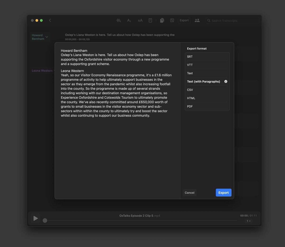 mattejones's tweet photo. @jordibruin Loving MacWhisper, thank you Jordi! One request - would it be possible to add an export option that includes the speaker name and starting timestamp for text in paragraphs? Also, I've spotted a bug where when exporting text with paragraphs the speaker names are removed https://t.co/KGD9HjtkSi