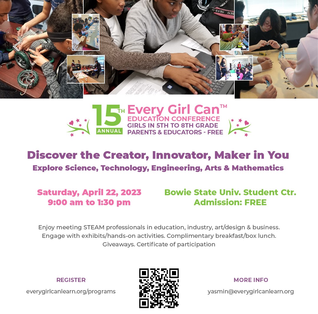 GirlsSoaring's tweet photo. Explore #STEAM &amp; discover the hidden Creator, Maker and Innovator in you. #EveryGirlCan conference &amp; Expo@BowieState 4.22.23 9:00 am Admission: FREE #EveryGirlCanLearn https://t.co/Lr38TxbFzM