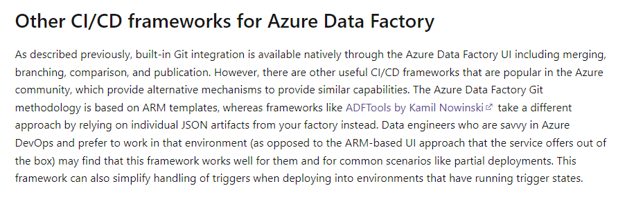 NowinskiK's tweet photo. I am honoured to be mentioned in Microsoft's learn when it comes to #cicd #DevOps for @AzDataFactory.
#adftools was received and rated by the Azure community very well.
Thanks for trust and recommend to use the tool if you never tried.
https://t.co/g2isRS99Ec
#DataOps #mvpbuzz https://t.co/wHy0av3ybk