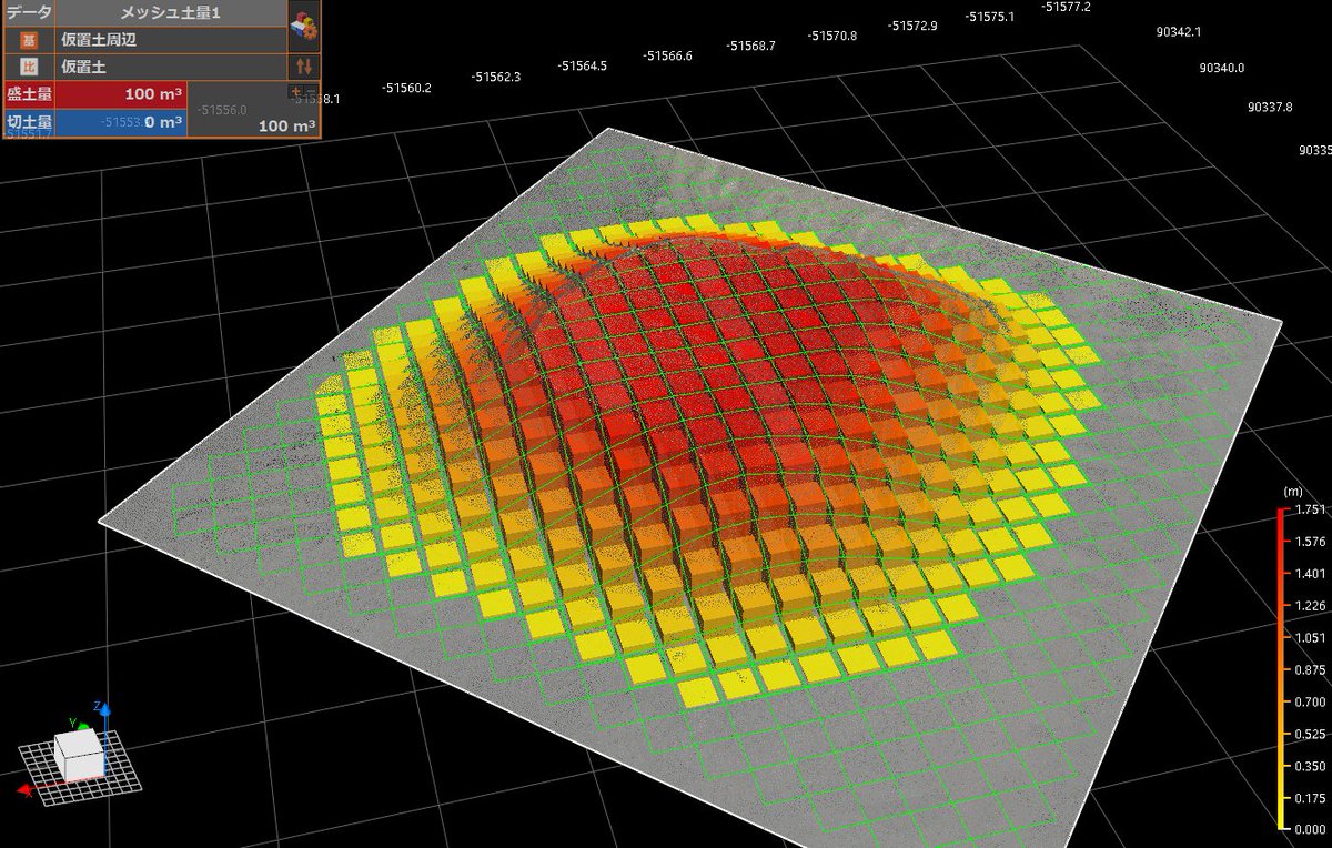 kanatsu_jyouhou's tweet image. おはようございます😊
仮置きしている残土をスキャン
ターゲットの配置は上に2本、下に4本
 ＃RTC360  をどこに置いてもターゲット移動することなく常に3本以上がスキャンに映り込むはず🧐
後はGNSSで座標値を取得して終了
＃TRENDPOINT でボリュームを出せばOK👌
ラクショ～ンだいまお～♪👋(おいっ)