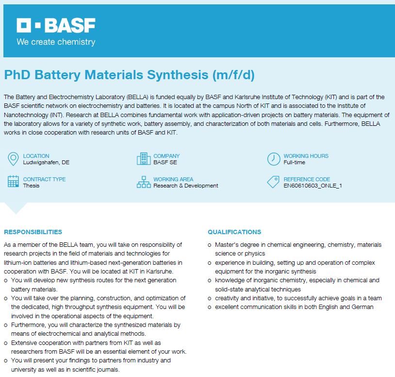 📢 Job opening – "PhD Battery Materials Synthesis (m/f/d)" – at BELLA, a <a href="/KITKarlsruhe/">Shmoopy</a> <a href="/BASF/">BASF</a> joint laboratory for batteries 🔋 and electrochemistry! Come join our team. For more info and to apply 👉 is.gd/gDAhSj.