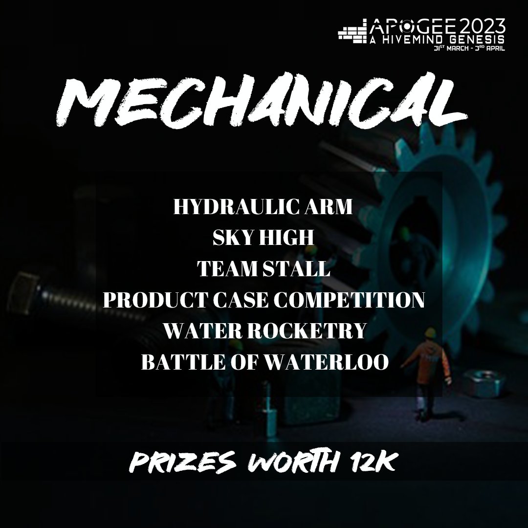 BITSApogee's tweet photo. "It's time to set your gears in motion."
Revving up for an unforgetful experience, from engines to robots our events have it all.
Join us this APOGEE and witness firsthand the mechanical marvels unfold.

#apogee2023 #mechanical #event #techfest #collgefest #bitsapogee #bitspilani https://t.co/rWF1xgvg5O