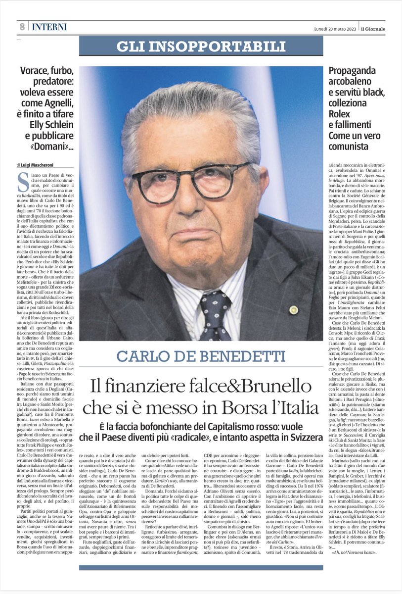 LuigiMascheroni's tweet photo. Per la serie “Gli insopportabili” dopo (tra i tanti) Parenzo, Toscani, Travaglio, Damilano, Jebreal, Brunetta, Sala, Severgnini, Saviano, Schlein, Gramellini, Burioni, Formigli, Amadeus, Carofiglio, Erri De Luca, Ferragni, Perina, Calenda, mio affettuoso ritratto di De Benedetti https://t.co/lPKdprhgLN