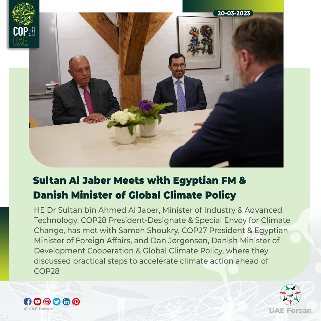 Sultan Al Jaber Meets with Egyptian FM & Danish Minister of Global Climate Policy #UAE #COP28 #ClimateChange #UAEForClimate #SamehShoukry #COP27 #Egypt #Denmark @COP28_UAE @uaeclimateenvoy @MoIATUAE @UAEembCairo @COP27P @DanJoergensen