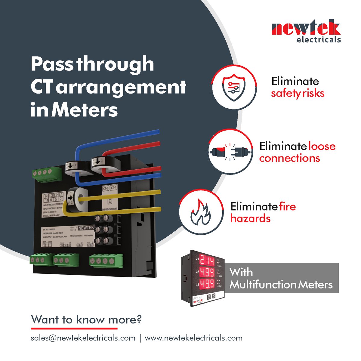 NewtekE's tweet photo. Specialized Pass through CT arrangement in Meters. This screwless termination helps in eliminating the risks of loose connections and fire hazards while ensuring safety.

#DigitalMeters #MFMMeters #Firesafety #CurrentTransformer https://t.co/K18WRByPVu